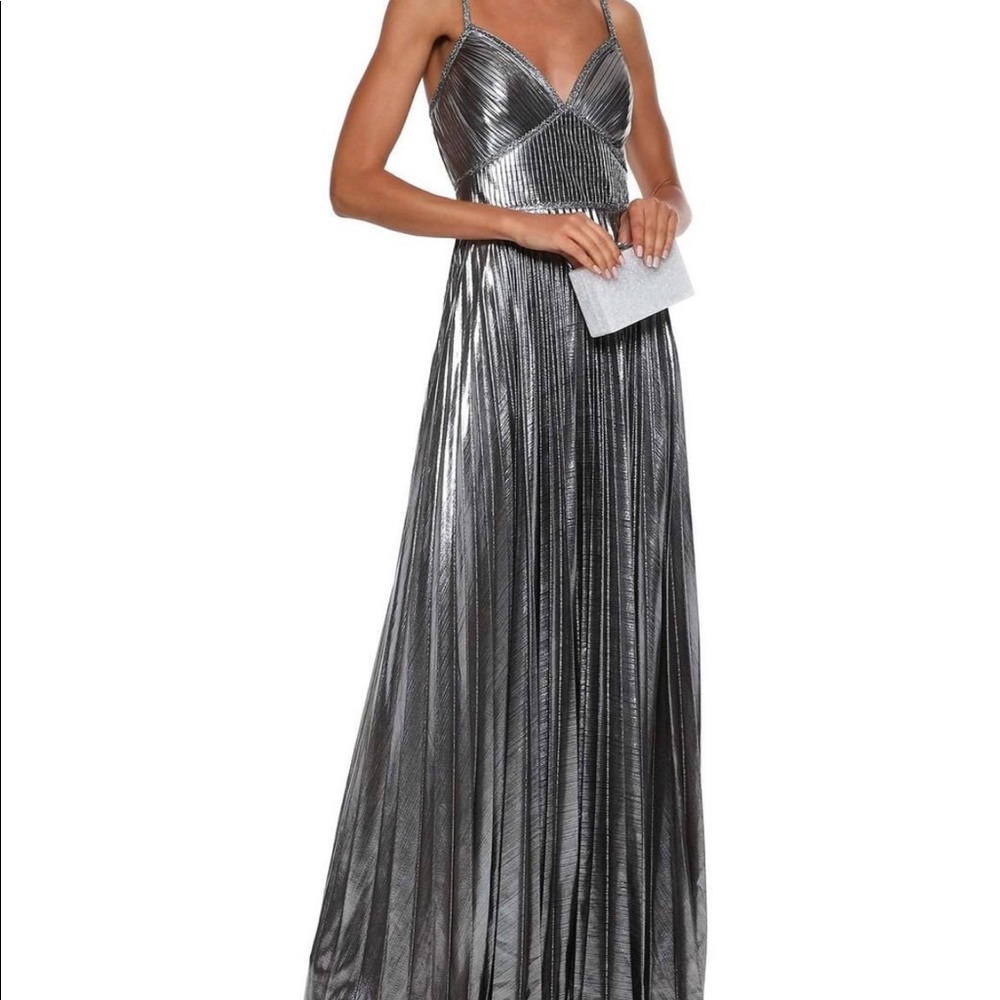 MARCHESA NOTTE Metallic Pleated Silver Gown